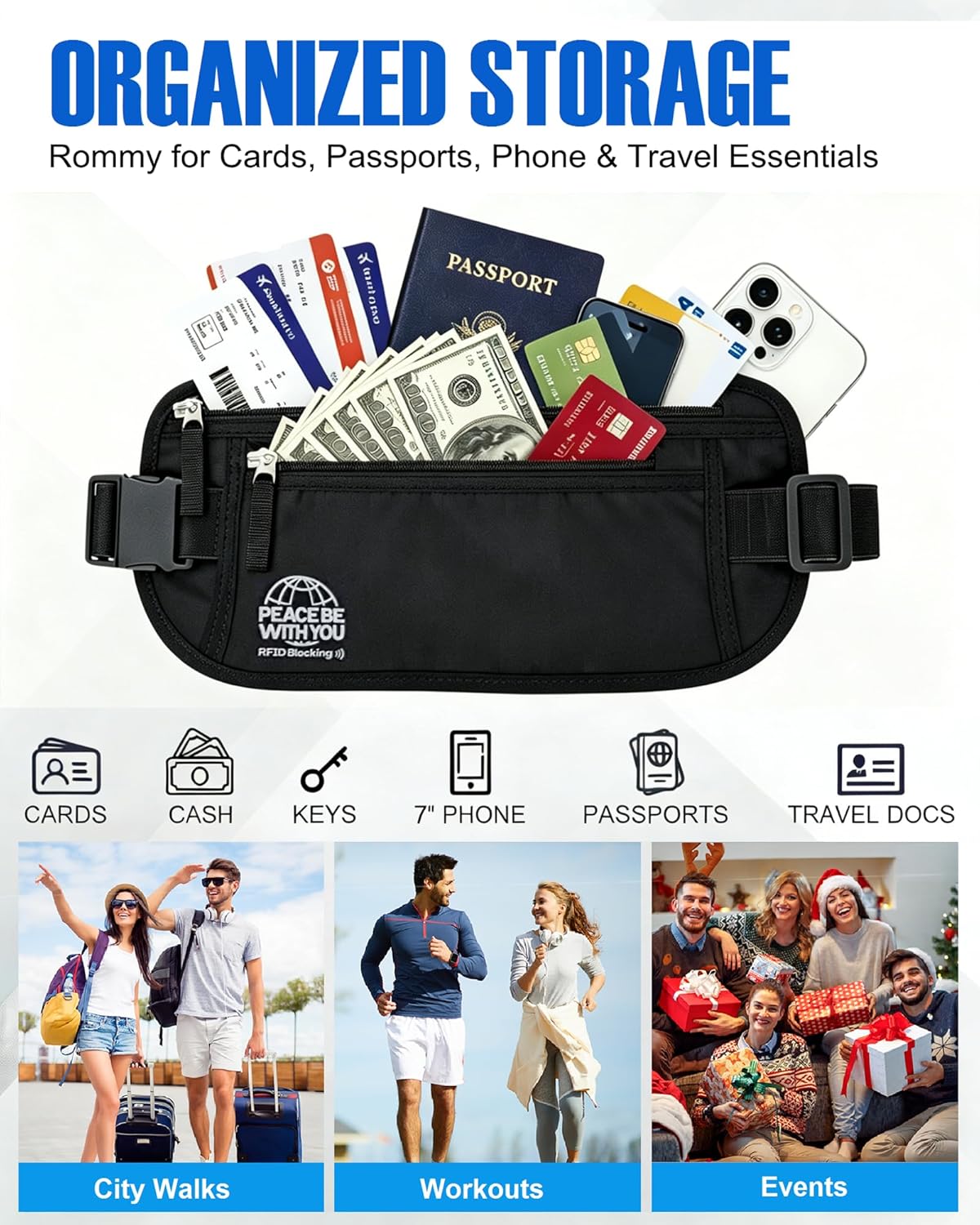Hidden Money Belt for Travel, RFID Blocking, Sweat-Proof, Heavy-Duty Buckle, 3rd Gen Waist Wallet Anti Theft to Protect Cash, Credit Cards and Documents Under-Clothes for Men & Women, Black