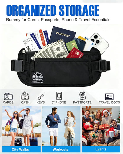 Hidden Money Belt for Travel, RFID Blocking, Sweat-Proof, Heavy-Duty Buckle, 3rd Gen Waist Wallet Anti Theft to Protect Cash, Credit Cards and Documents Under-Clothes for Men & Women, Black
