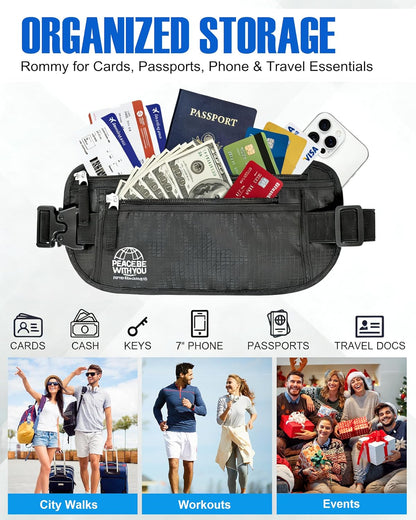 Hidden Money Belt for Travel, RFID Blocking, Sweat-Proof, Heavy-Duty Buckle, 3rd Gen Waist Wallet Anti Theft to Protect Cash, Credit Cards and Documents Under-Clothes for Men & Women, Black