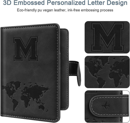 Passport Holder Cover Initial Letter A-Z Travel Wallet Personalized | Travel Essentials, Embossed Design, RFID Blocking, Personalized Gift, Passport Book Holders for Women Girls, Pink-J