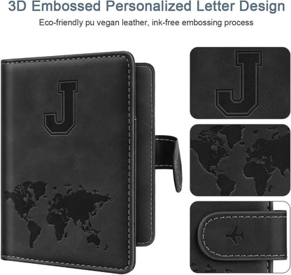 Passport Holder Cover Initial Letter A-Z Travel Wallet Personalized | Travel Essentials, Embossed Design, RFID Blocking, Personalized Gift, Passport Book Holders for Women Girls, Pink-J