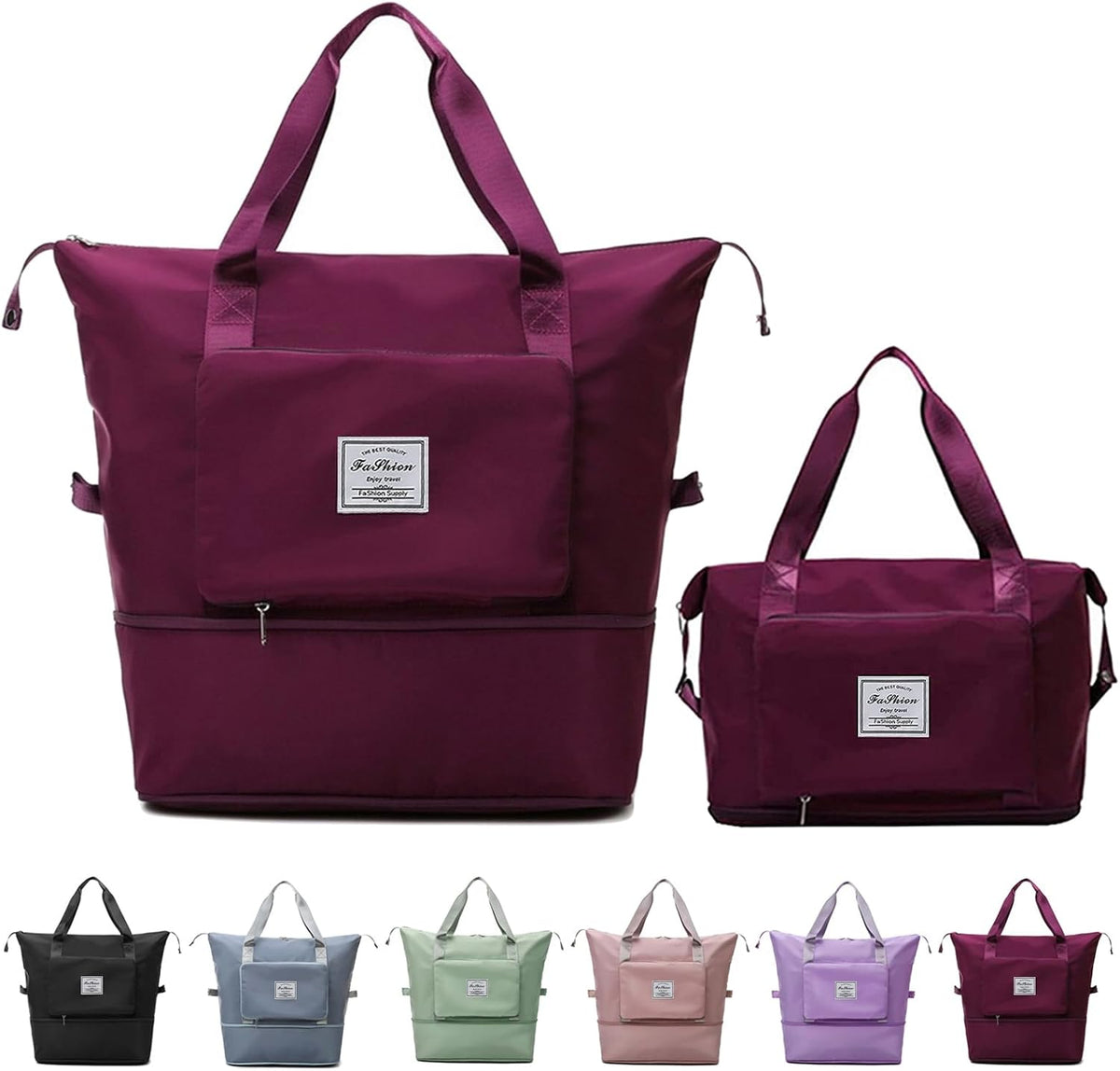 Large Capacity Folding Travel Bag, Lightweight Waterproof Luggage Bag, Expandable Travel Duffel Bag, Dry Wet Separated Gym Tote Bag, Weekender Overnight Bags for Women and Man (Fuchsia)
