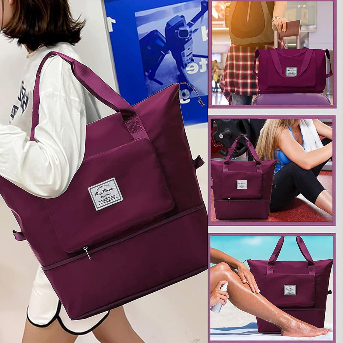 Large Capacity Folding Travel Bag, Lightweight Waterproof Luggage Bag, Expandable Travel Duffel Bag, Dry Wet Separated Gym Tote Bag, Weekender Overnight Bags for Women and Man (Fuchsia)