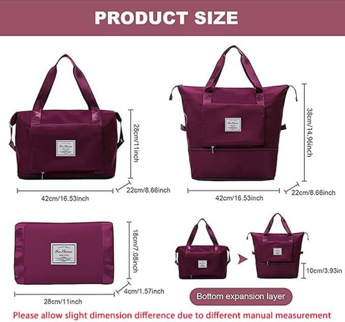 Large Capacity Folding Travel Bag, Lightweight Waterproof Luggage Bag, Expandable Travel Duffel Bag, Dry Wet Separated Gym Tote Bag, Weekender Overnight Bags for Women and Man (Fuchsia)
