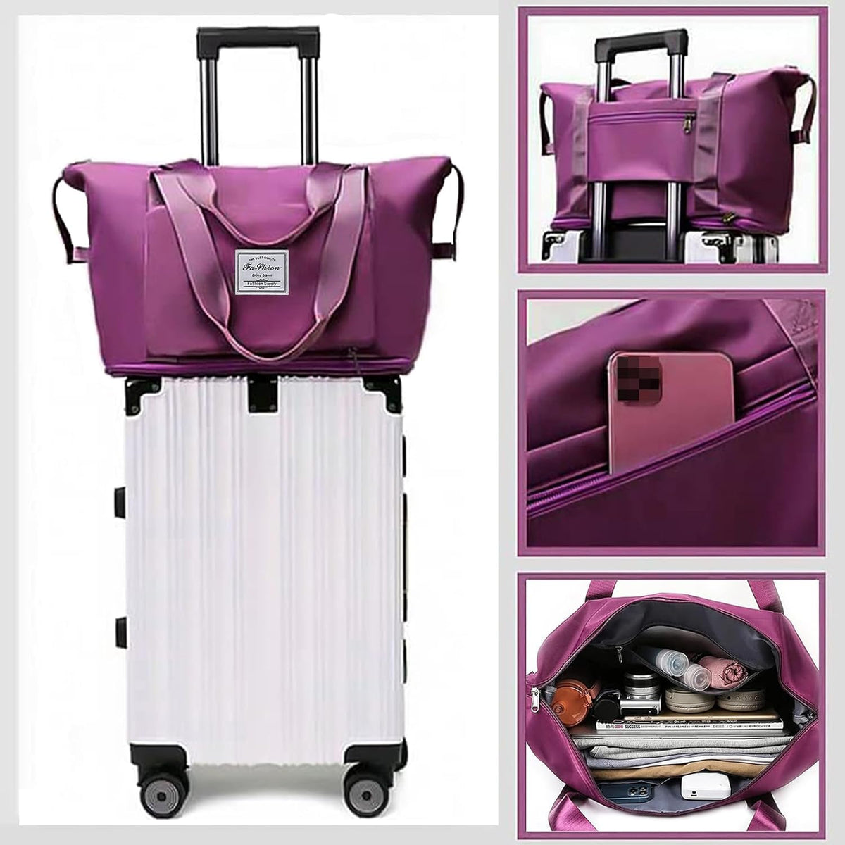 Large Capacity Folding Travel Bag, Lightweight Waterproof Luggage Bag, Expandable Travel Duffel Bag, Dry Wet Separated Gym Tote Bag, Weekender Overnight Bags for Women and Man (Fuchsia)