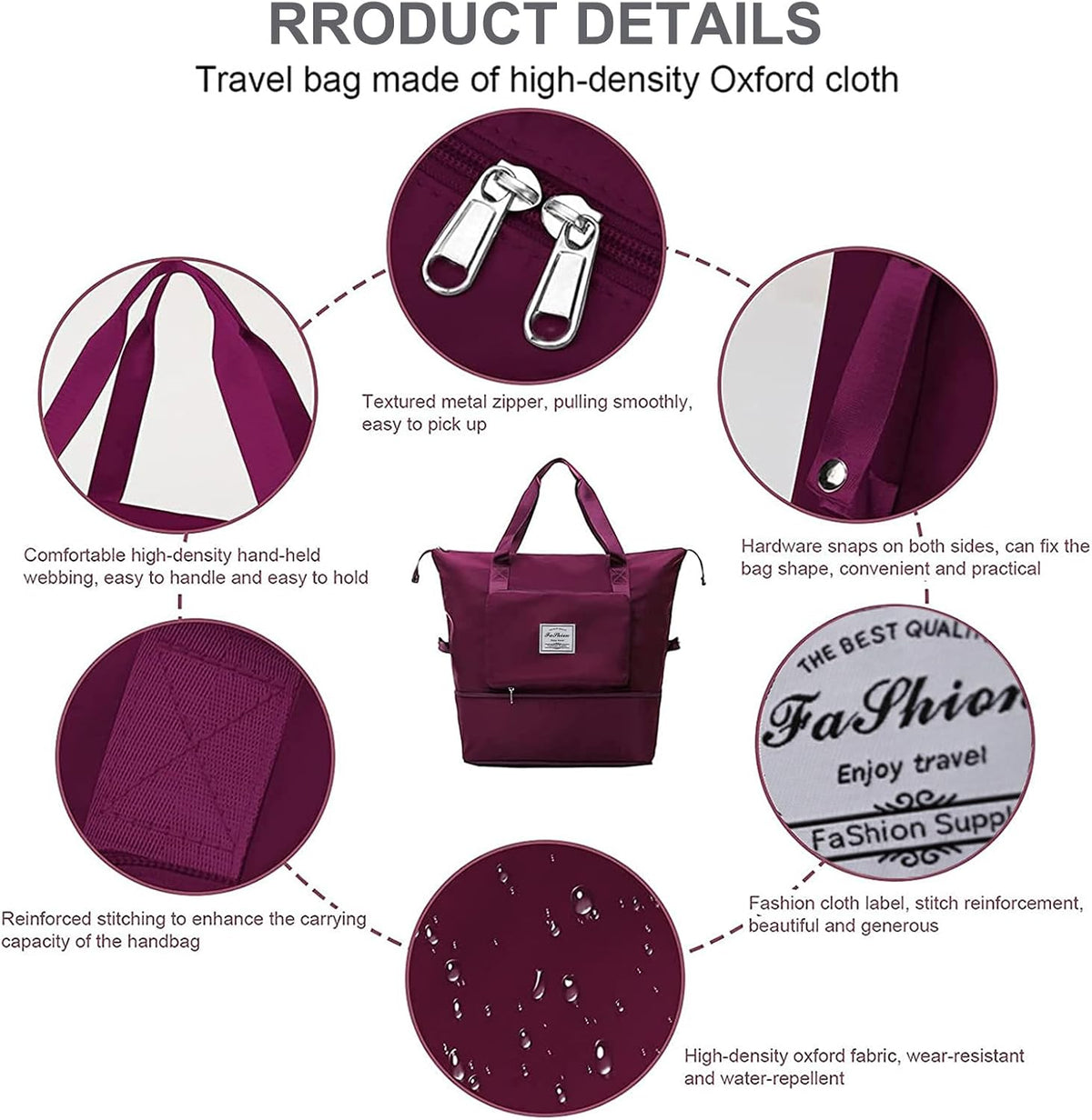 Large Capacity Folding Travel Bag, Lightweight Waterproof Luggage Bag, Expandable Travel Duffel Bag, Dry Wet Separated Gym Tote Bag, Weekender Overnight Bags for Women and Man (Fuchsia)