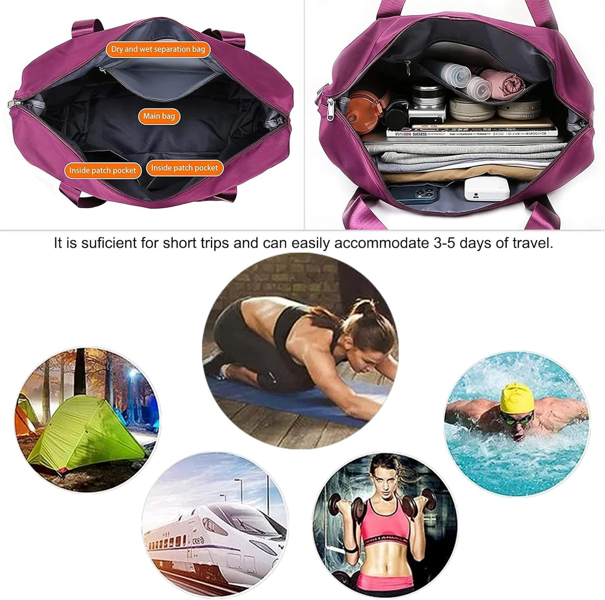 Large Capacity Folding Travel Bag, Lightweight Waterproof Luggage Bag, Expandable Travel Duffel Bag, Dry Wet Separated Gym Tote Bag, Weekender Overnight Bags for Women and Man (Fuchsia)