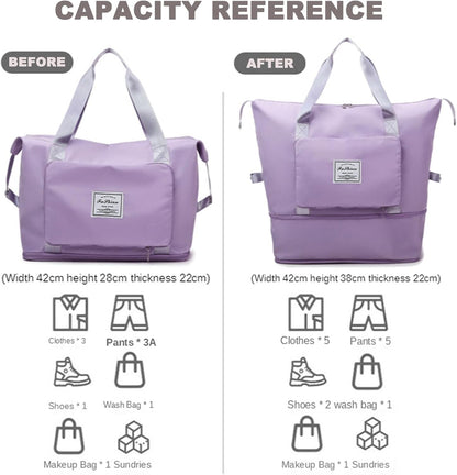 Large Capacity Folding Travel Bag, Lightweight Waterproof Luggage Bag, Expandable Travel Duffel Bag, Dry Wet Separated Gym Tote Bag, Weekender Overnight Bags for Women and Man (Fuchsia)