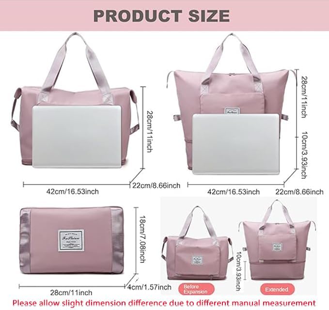 Large Capacity Folding Travel Bag, Lightweight Waterproof Luggage Bag, Expandable Travel Duffel Bag, Dry Wet Separated Gym Tote Bag, Weekender Overnight Bags for Women and Man (Fuchsia)