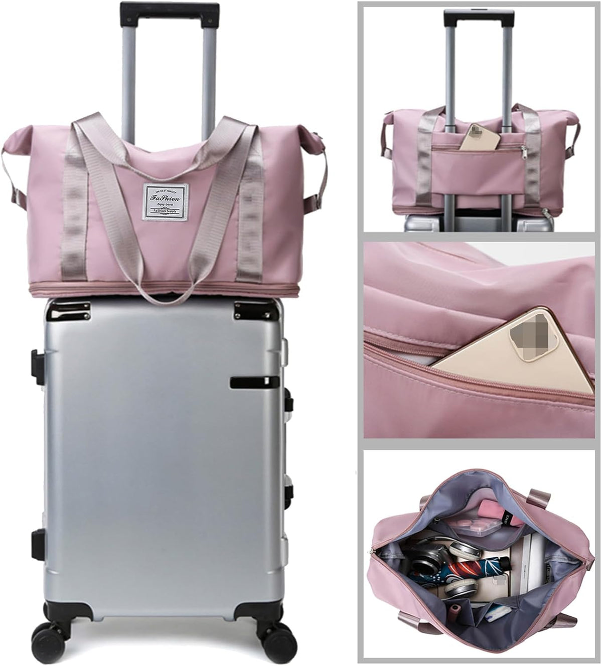 Large Capacity Folding Travel Bag, Lightweight Waterproof Luggage Bag, Expandable Travel Duffel Bag, Dry Wet Separated Gym Tote Bag, Weekender Overnight Bags for Women and Man (Fuchsia)