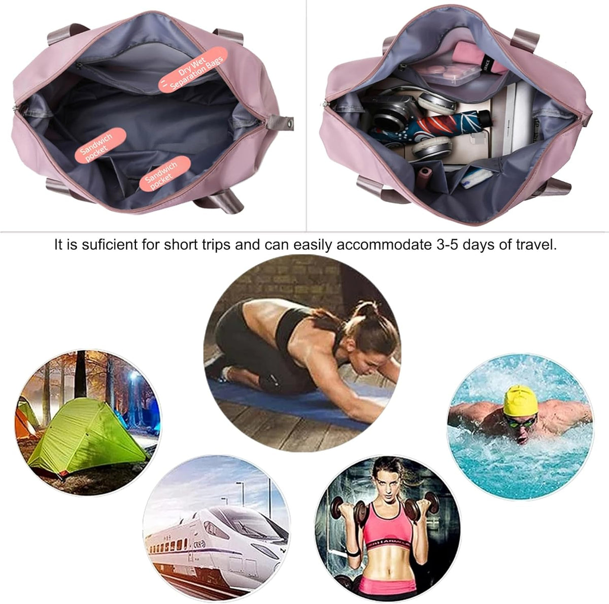 Large Capacity Folding Travel Bag, Lightweight Waterproof Luggage Bag, Expandable Travel Duffel Bag, Dry Wet Separated Gym Tote Bag, Weekender Overnight Bags for Women and Man (Fuchsia)
