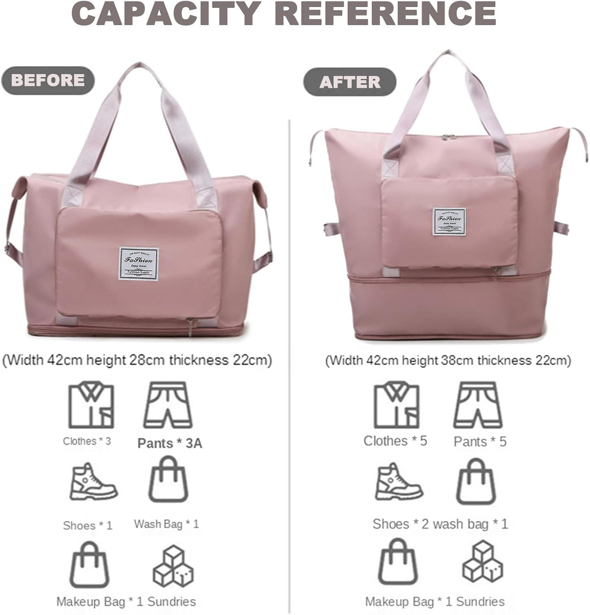 Large Capacity Folding Travel Bag, Lightweight Waterproof Luggage Bag, Expandable Travel Duffel Bag, Dry Wet Separated Gym Tote Bag, Weekender Overnight Bags for Women and Man (Fuchsia)