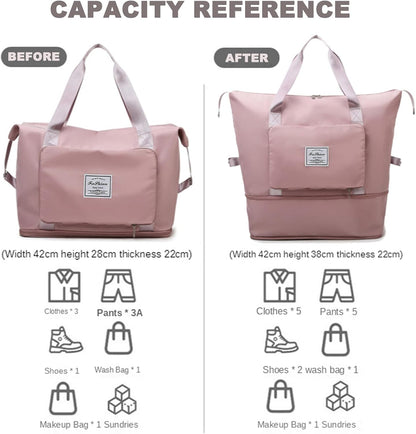 Large Capacity Folding Travel Bag, Lightweight Waterproof Luggage Bag, Expandable Travel Duffel Bag, Dry Wet Separated Gym Tote Bag, Weekender Overnight Bags for Women and Man (Fuchsia)