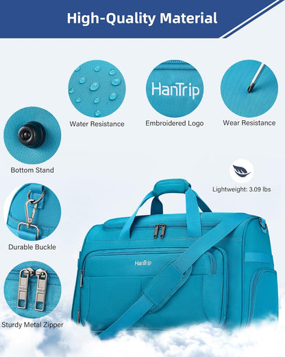 Carry on Duffel Bag Foldable Duffle Bags for Travel, Under Seat Personal Item Bags for Airplanes, Weekender Overnight Mens Travel Tote Bag for Women Softside Carry on Luggage (Caribbean Blue)