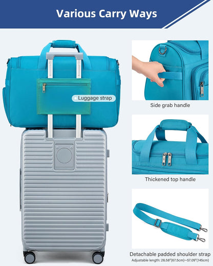 Carry on Duffel Bag Foldable Duffle Bags for Travel, Under Seat Personal Item Bags for Airplanes, Weekender Overnight Mens Travel Tote Bag for Women Softside Carry on Luggage (Caribbean Blue)