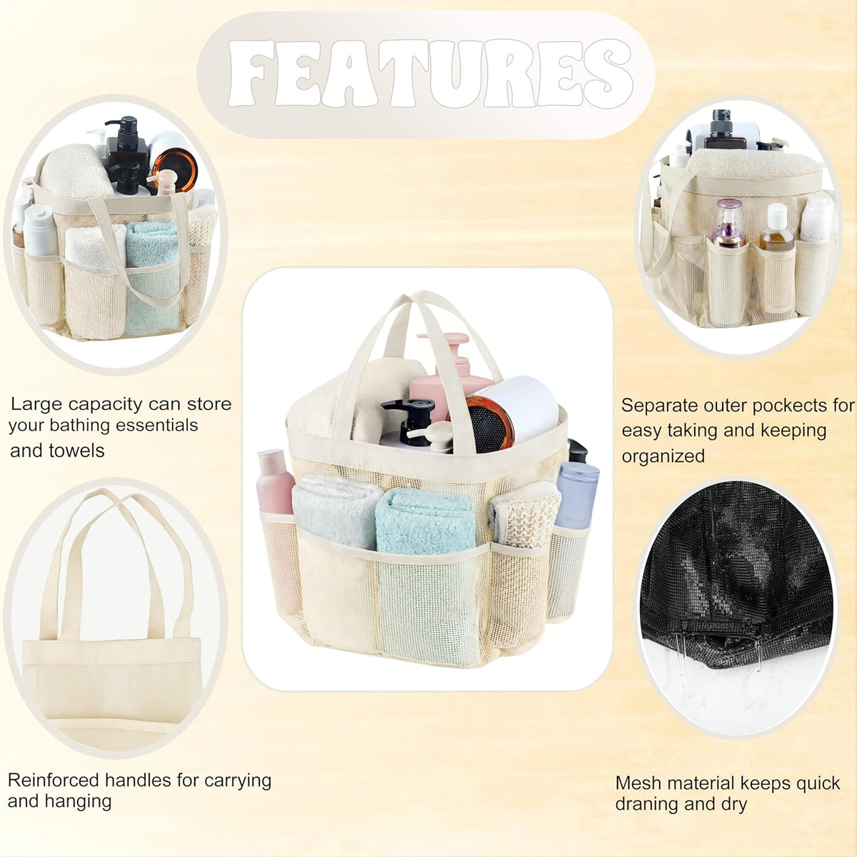 Mesh Shower Caddy Portable, Quick Dry Hanging Shower Tote Bag for College Dorm Room Essentials, Large Capacity Shower Caddy Dorm for Bathroom Gym Swimming