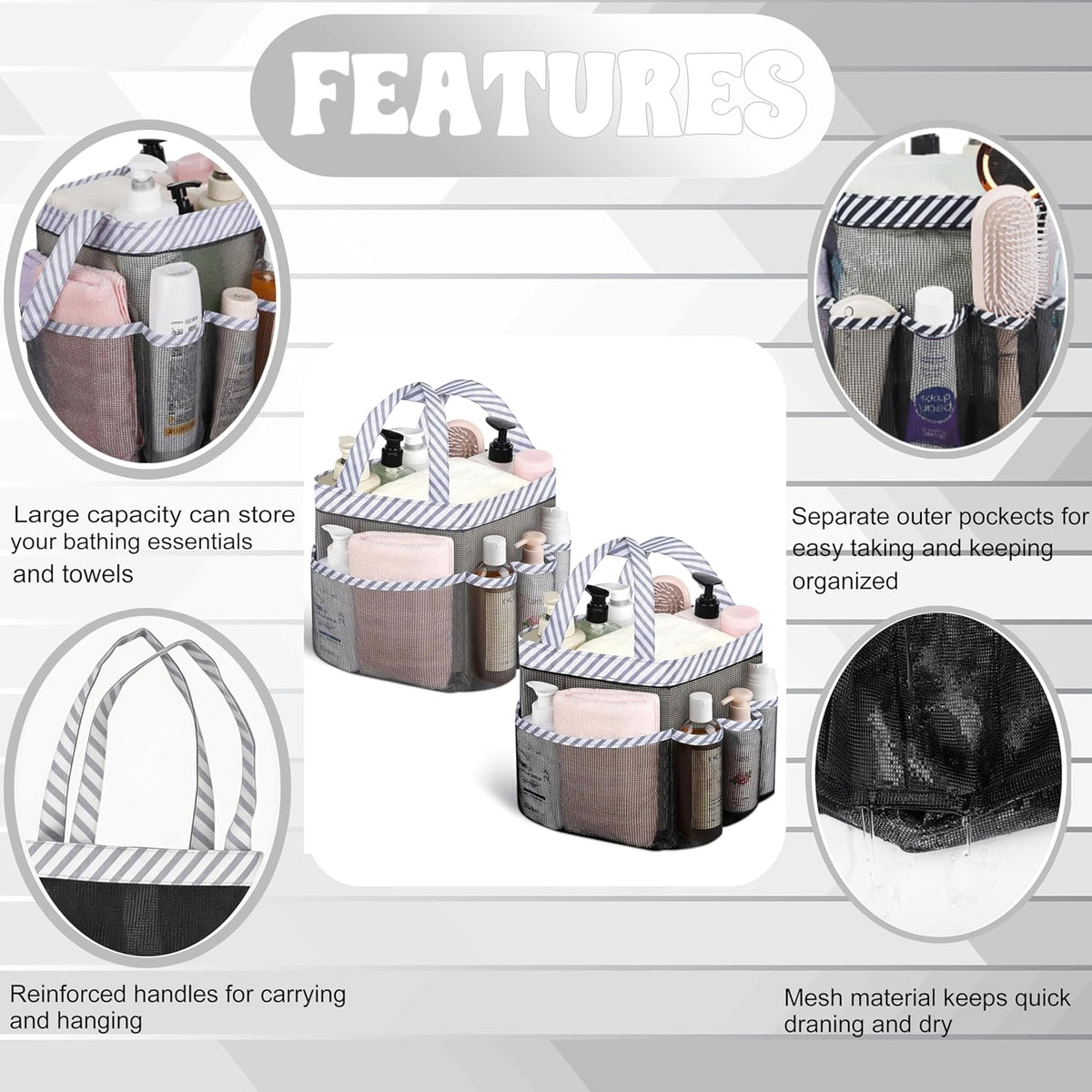 Mesh Shower Caddy Portable, Quick Dry Hanging Shower Tote Bag for College Dorm Room Essentials, Large Capacity Shower Caddy Dorm for Bathroom Gym Swimming