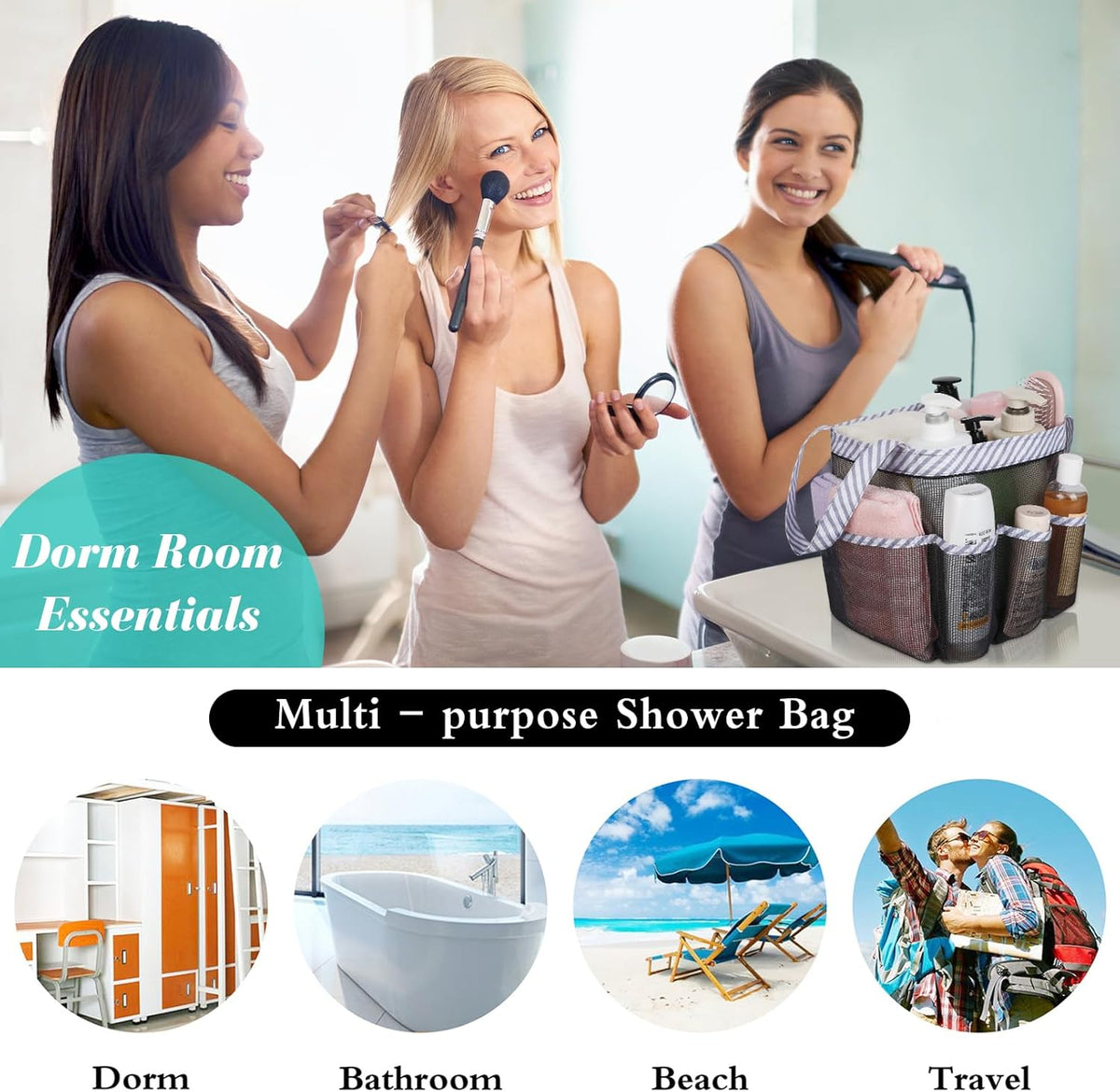 Mesh Shower Caddy Portable, Quick Dry Hanging Shower Tote Bag for College Dorm Room Essentials, Large Capacity Shower Caddy Dorm for Bathroom Gym Swimming