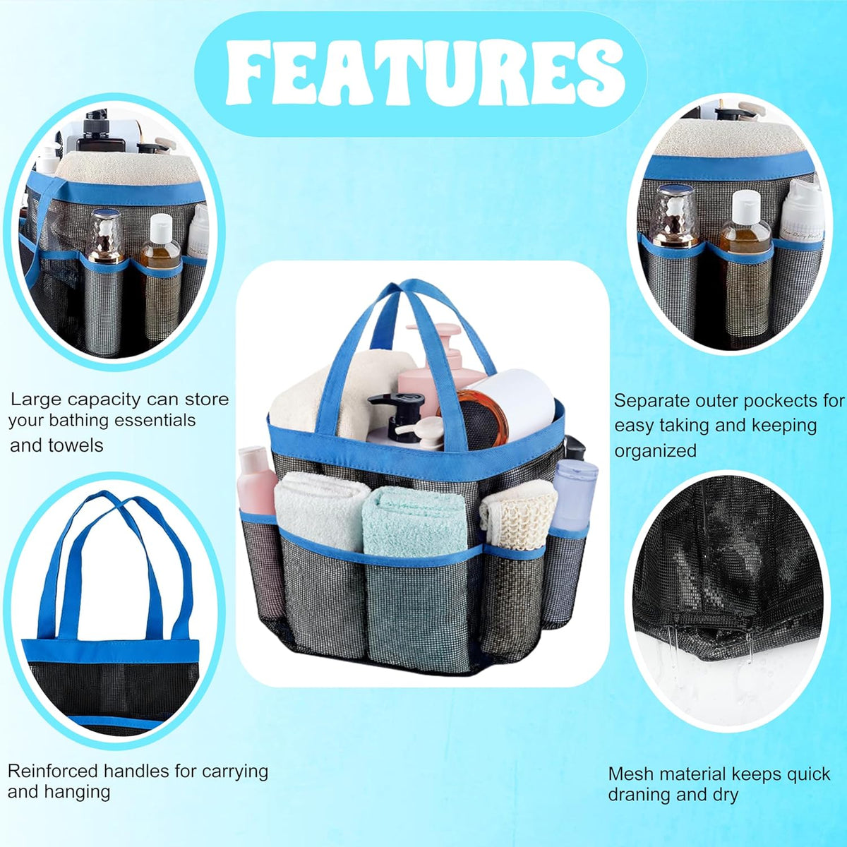 Mesh Shower Caddy Portable, Quick Dry Hanging Shower Tote Bag for College Dorm Room Essentials, Large Capacity Shower Caddy Dorm for Bathroom Gym Swimming