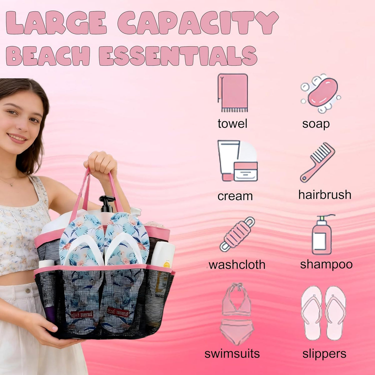 Mesh Shower Caddy Portable, Quick Dry Hanging Shower Tote Bag for College Dorm Room Essentials, Large Capacity Shower Caddy Dorm for Bathroom Gym Swimming