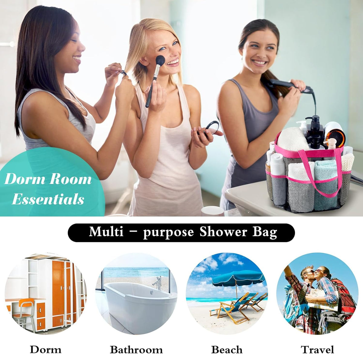 Mesh Shower Caddy Portable, Quick Dry Hanging Shower Tote Bag for College Dorm Room Essentials, Large Capacity Shower Caddy Dorm for Bathroom Gym Swimming