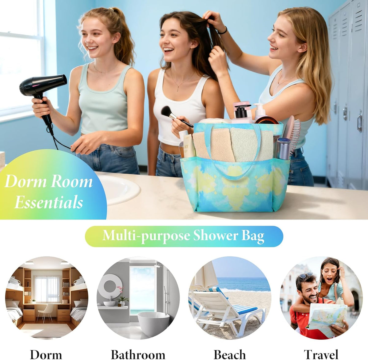 Mesh Shower Caddy Portable, Quick Dry Hanging Shower Tote Bag for College Dorm Room Essentials, Large Capacity Shower Caddy Dorm for Bathroom Gym Swimming