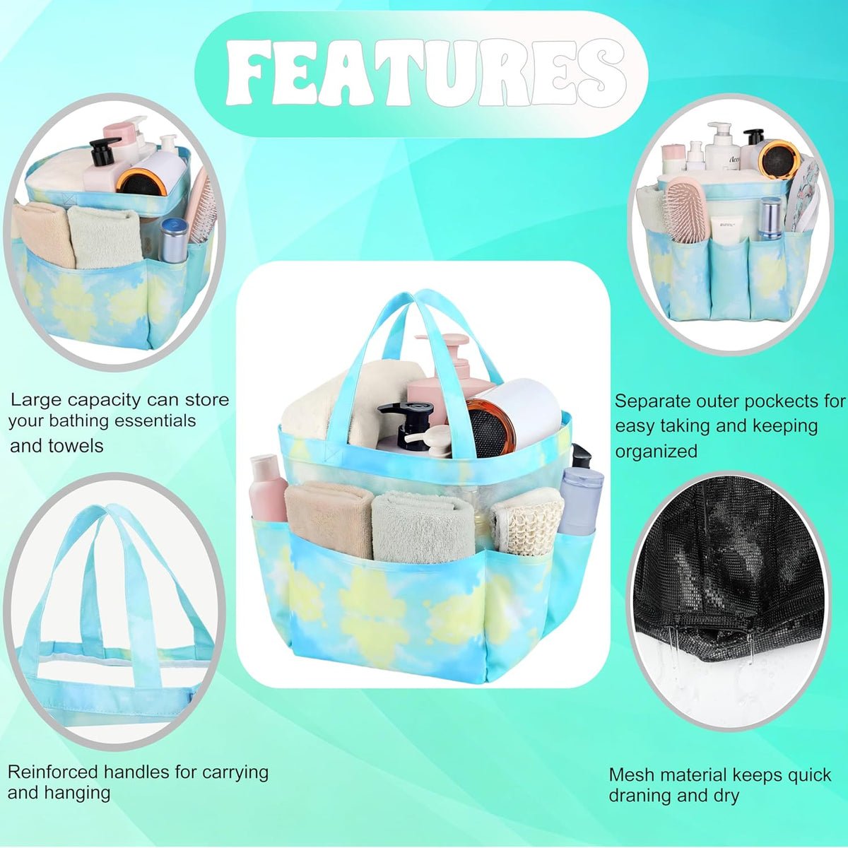 Mesh Shower Caddy Portable, Quick Dry Hanging Shower Tote Bag for College Dorm Room Essentials, Large Capacity Shower Caddy Dorm for Bathroom Gym Swimming