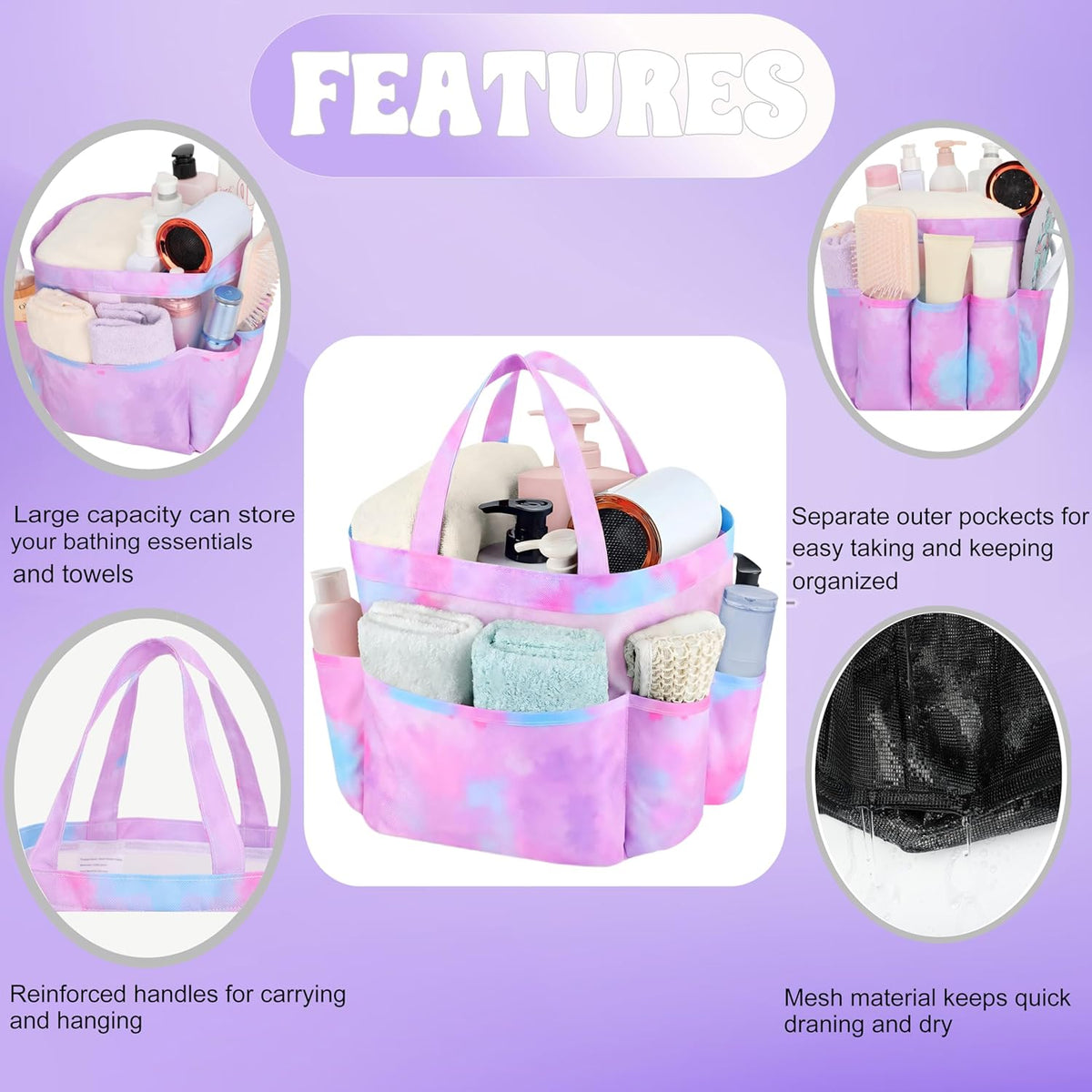 Mesh Shower Caddy Portable, Quick Dry Hanging Shower Tote Bag for College Dorm Room Essentials, Large Capacity Shower Caddy Dorm for Bathroom Gym Swimming