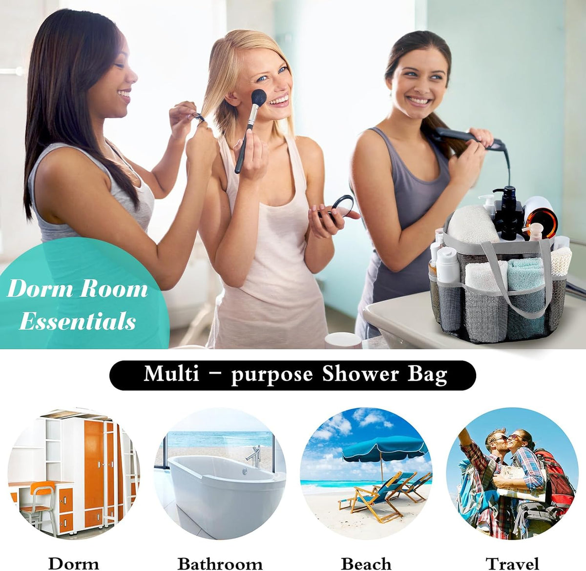 Mesh Shower Caddy Portable, Quick Dry Hanging Shower Tote Bag for College Dorm Room Essentials, Large Capacity Shower Caddy Dorm for Bathroom Gym Swimming