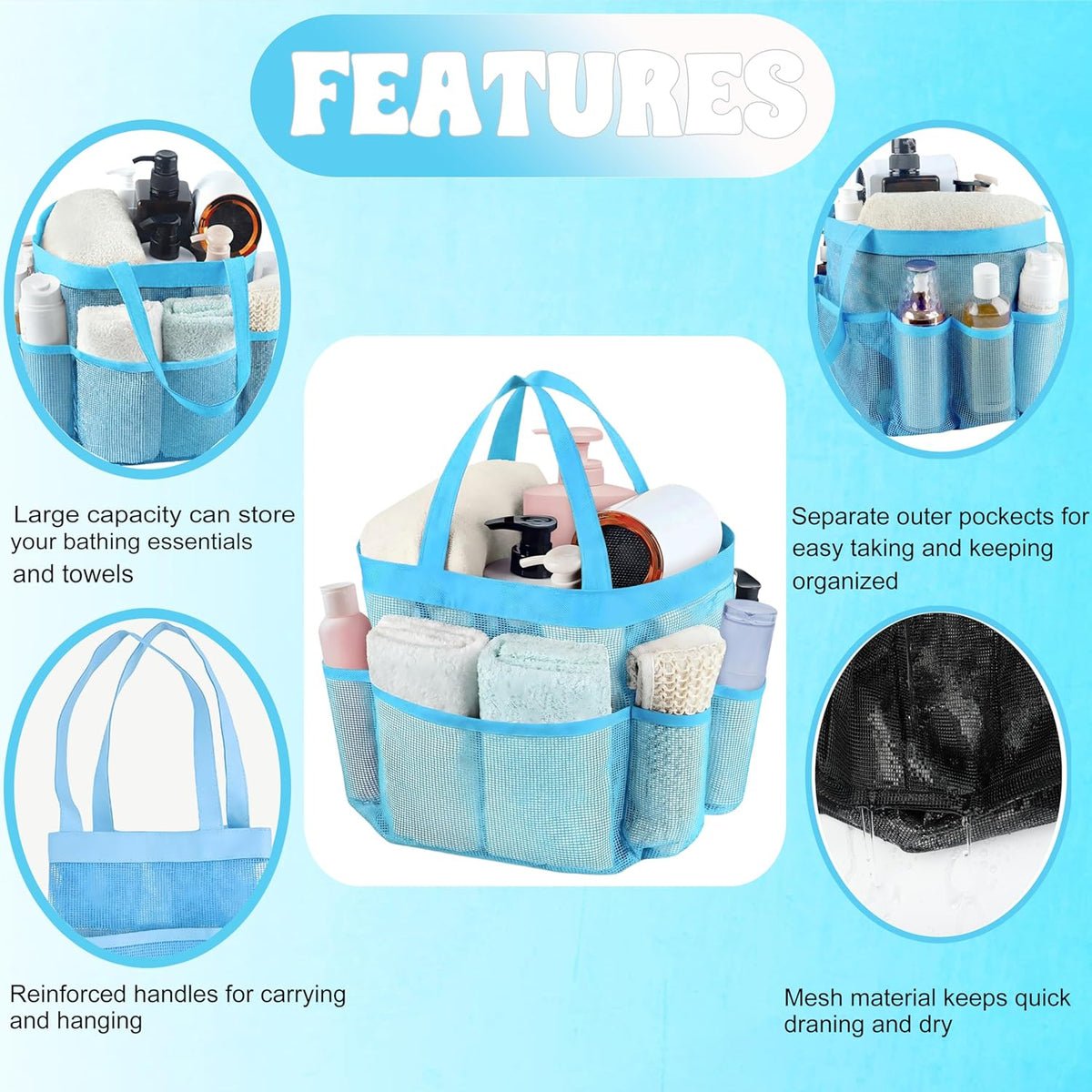 Mesh Shower Caddy Portable, Quick Dry Hanging Shower Tote Bag for College Dorm Room Essentials, Large Capacity Shower Caddy Dorm for Bathroom Gym Swimming