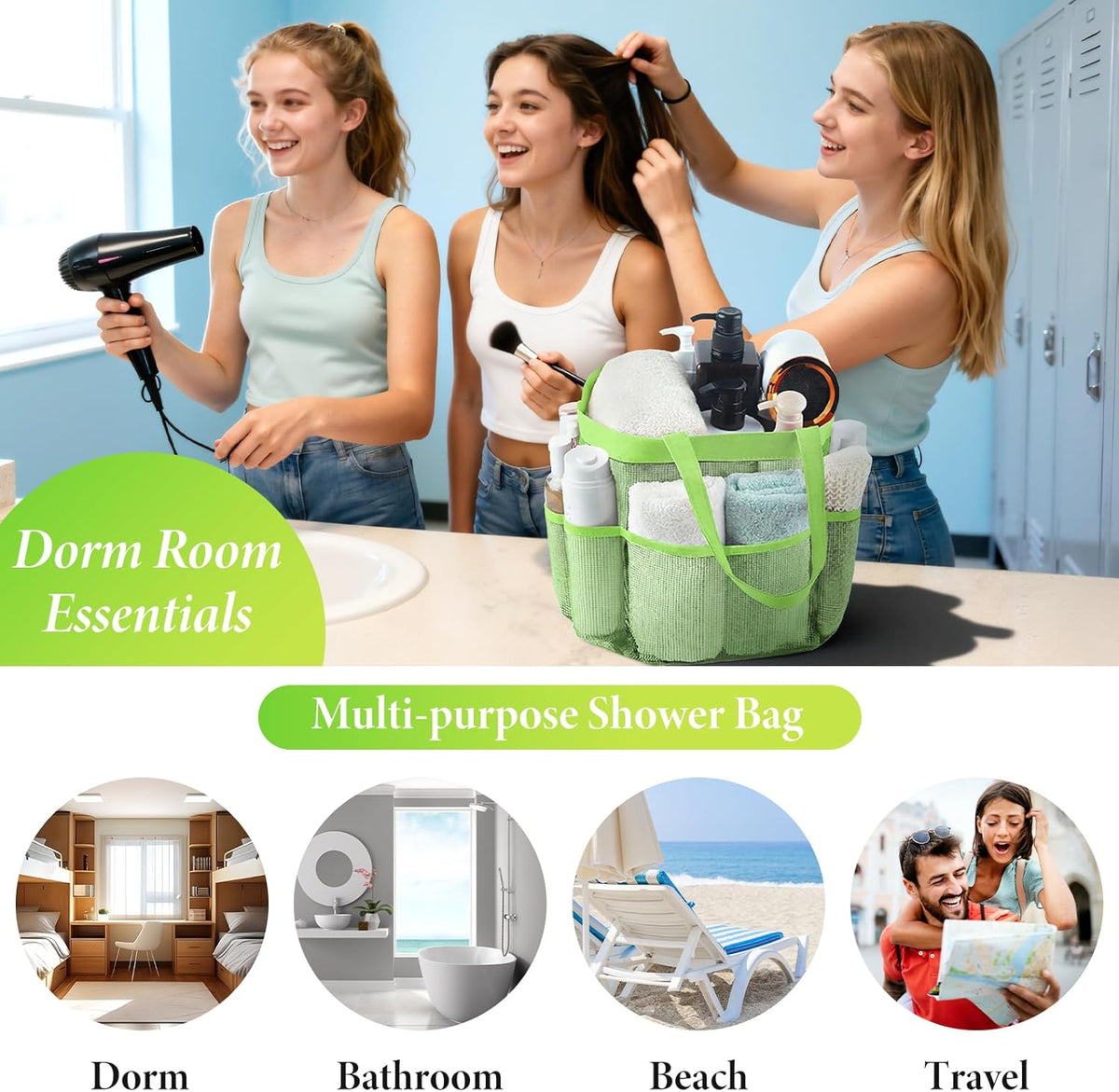 Mesh Shower Caddy Portable, Quick Dry Hanging Shower Tote Bag for College Dorm Room Essentials, Large Capacity Shower Caddy Dorm for Bathroom Gym Swimming