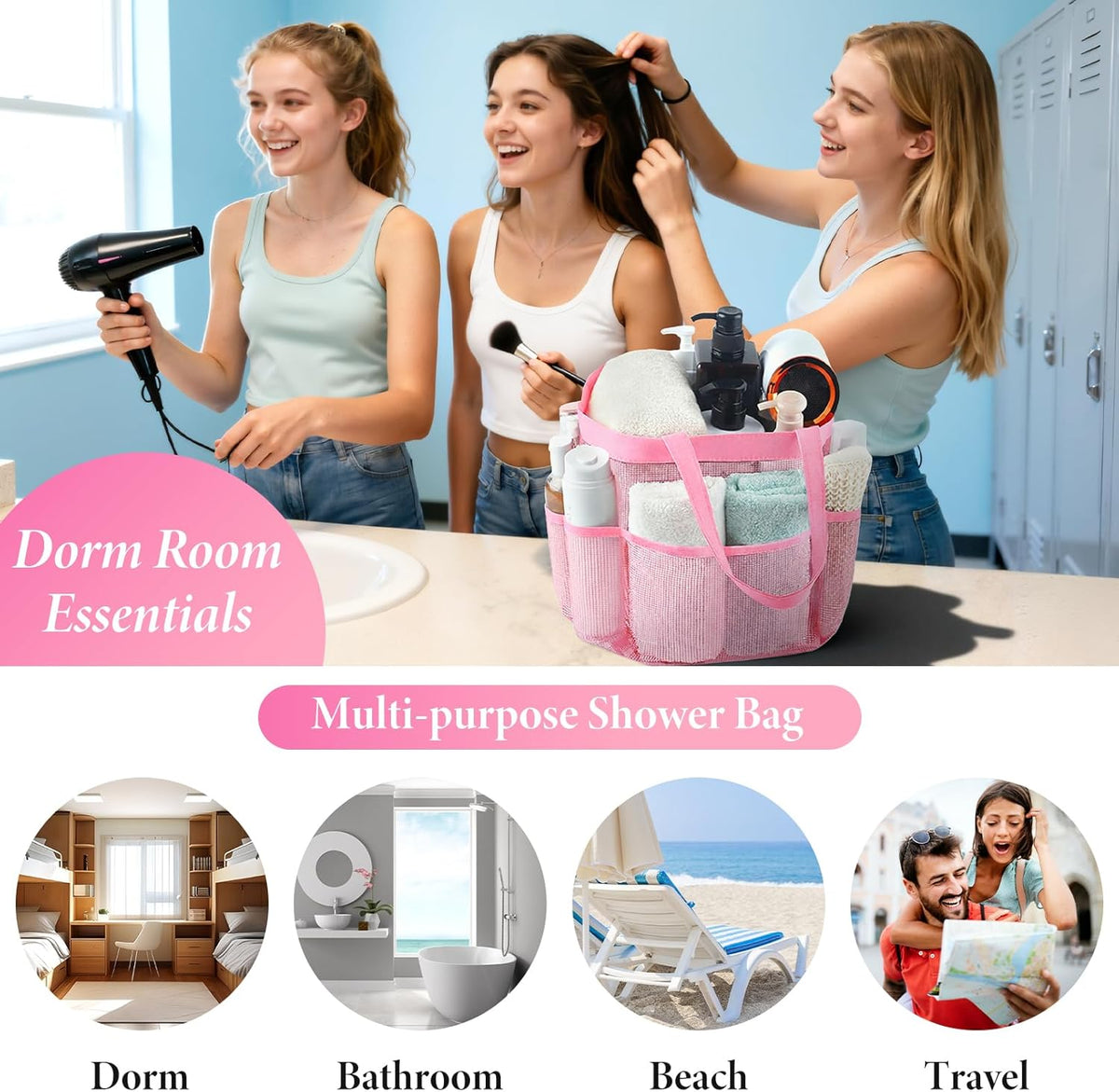 Mesh Shower Caddy Portable, Quick Dry Hanging Shower Tote Bag for College Dorm Room Essentials, Large Capacity Shower Caddy Dorm for Bathroom Gym Swimming
