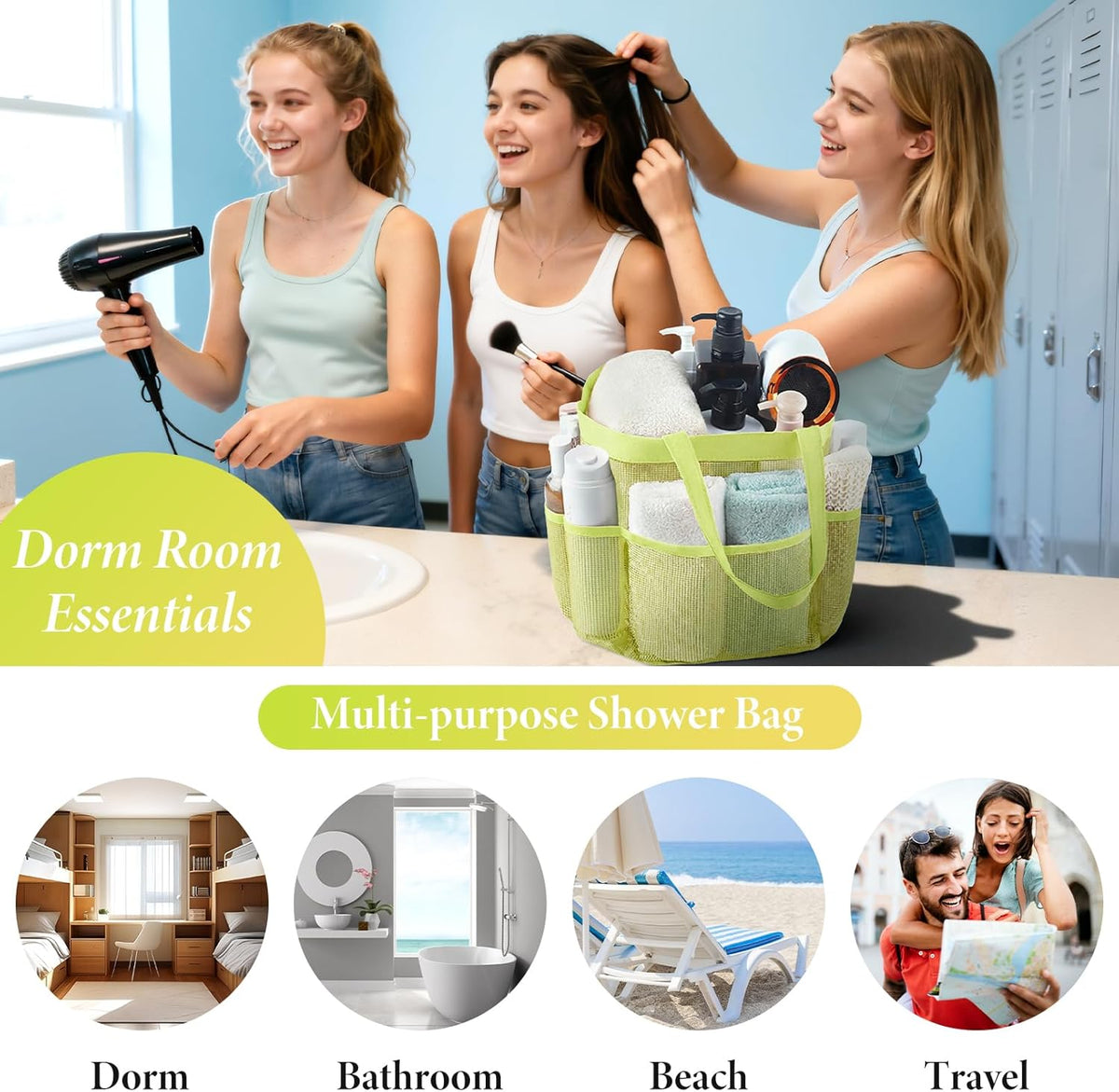 Mesh Shower Caddy Portable, Quick Dry Hanging Shower Tote Bag for College Dorm Room Essentials, Large Capacity Shower Caddy Dorm for Bathroom Gym Swimming
