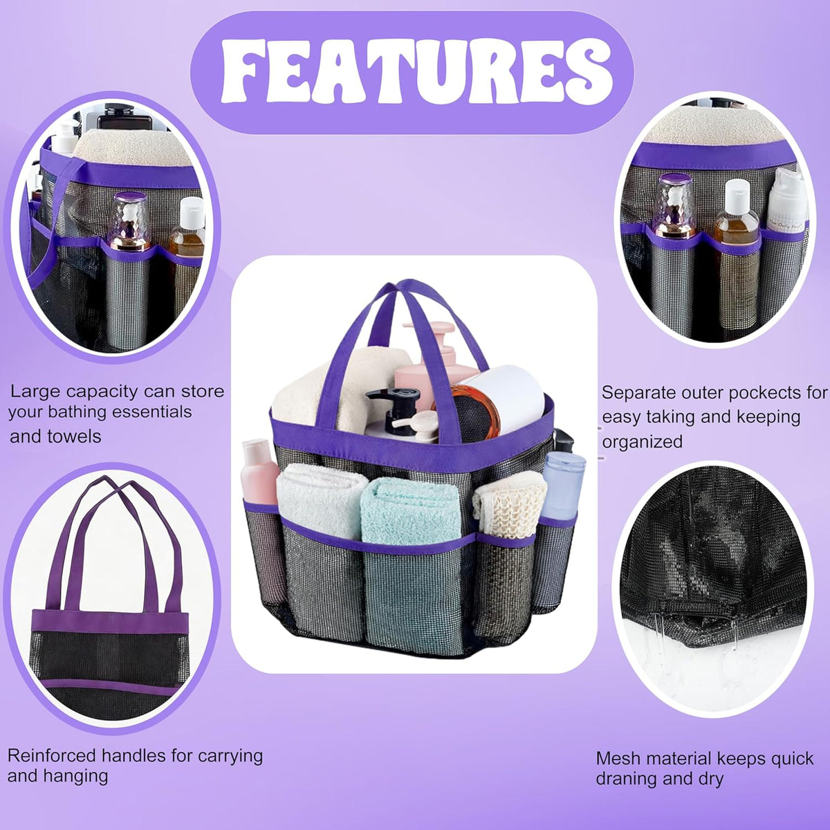 Mesh Shower Caddy Portable, Quick Dry Hanging Shower Tote Bag for College Dorm Room Essentials, Large Capacity Shower Caddy Dorm for Bathroom Gym Swimming