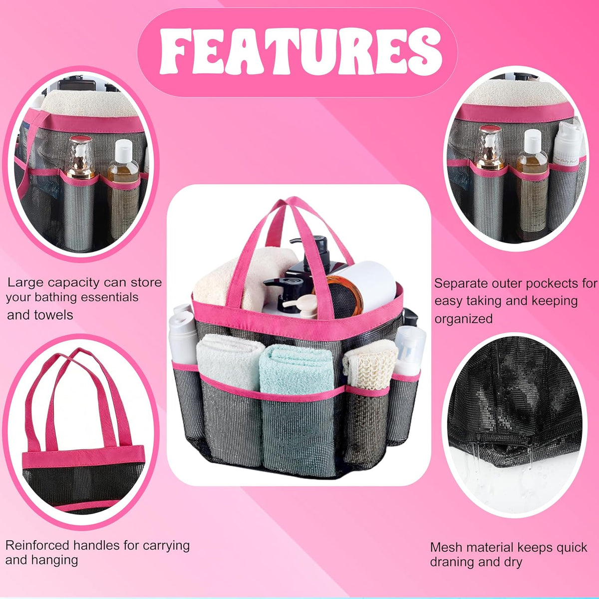Mesh Shower Caddy Portable, Quick Dry Hanging Shower Tote Bag for College Dorm Room Essentials, Large Capacity Shower Caddy Dorm for Bathroom Gym Swimming