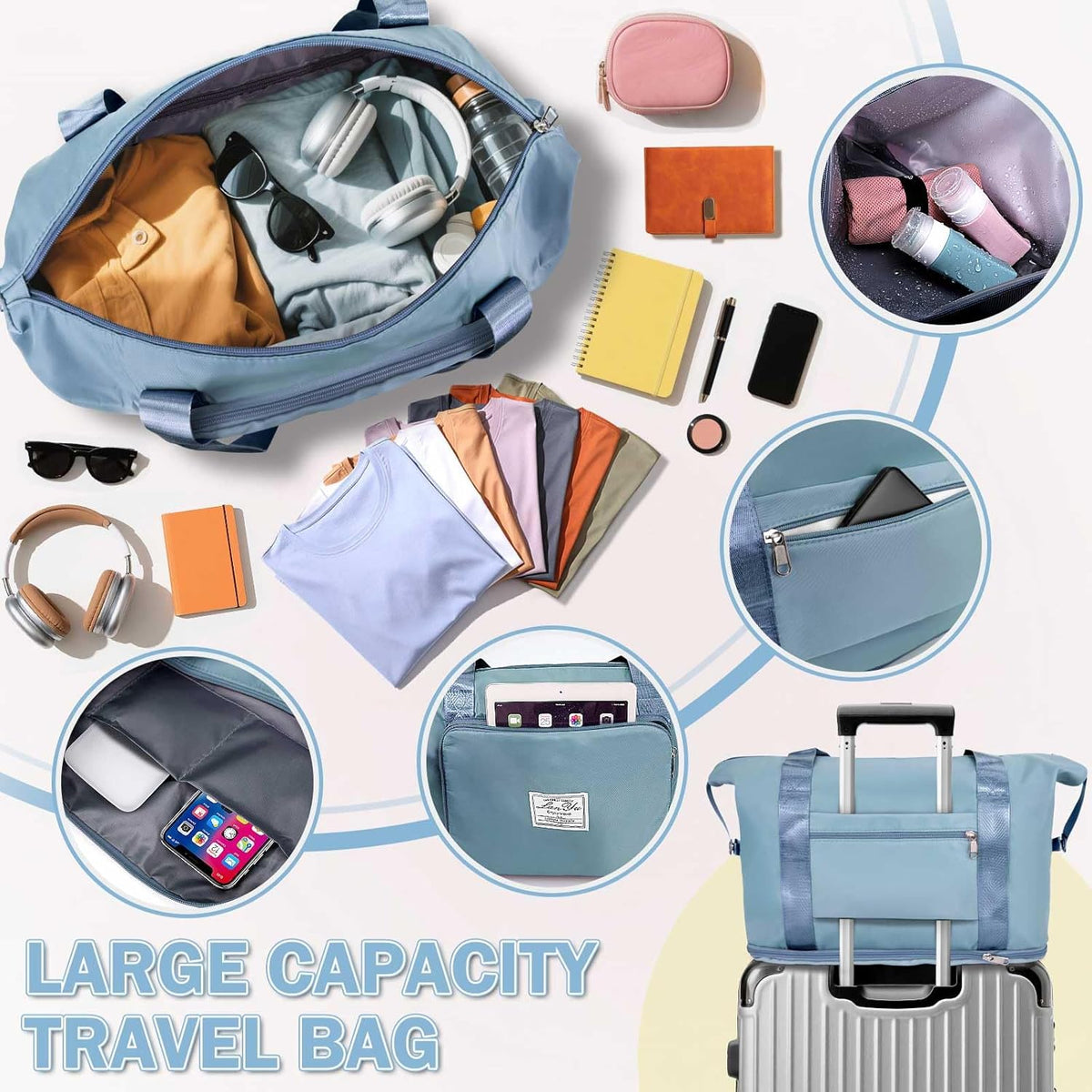 Large Capacity Folding Travel Bag,Expansion Travel Duffel Bag with Dry and Wet Separation Portable Travel Duffel Bag