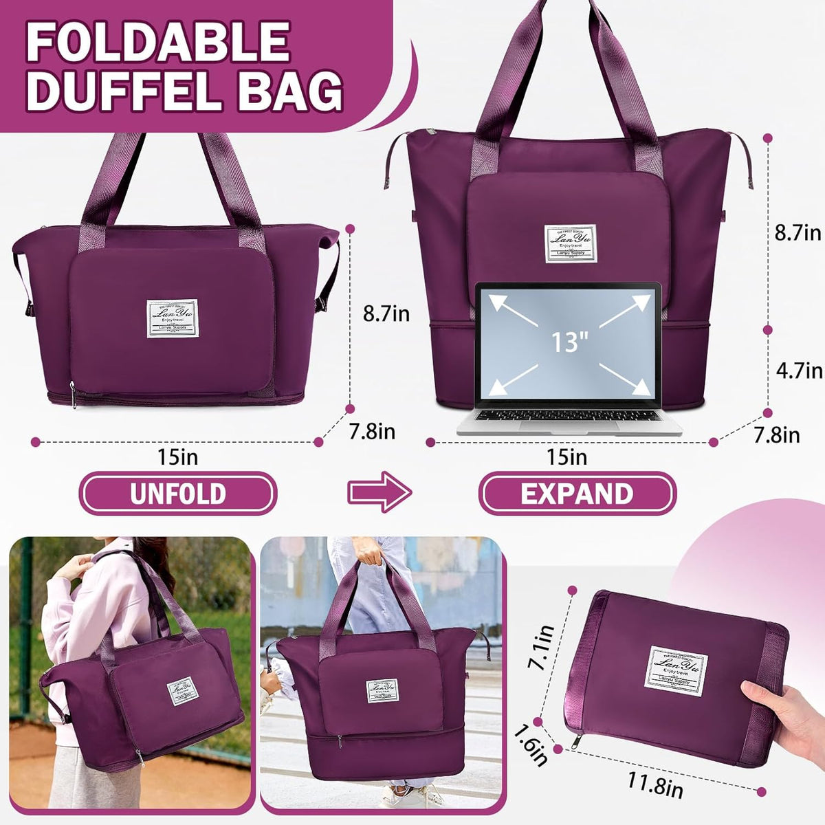 Large Capacity Folding Travel Bag,Expansion Travel Duffel Bag with Dry and Wet Separation Portable Travel Duffel Bag