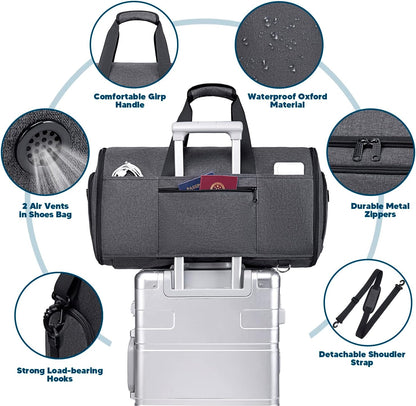 Garment Bags for Travel 58L Garment Bags Duffle Bag for Travel Convertible Carry On Garment Duffle Bag 4 in 1 Foldable Suit Bag with Shoes Compartment for Men Women Weekender，Dark Grey