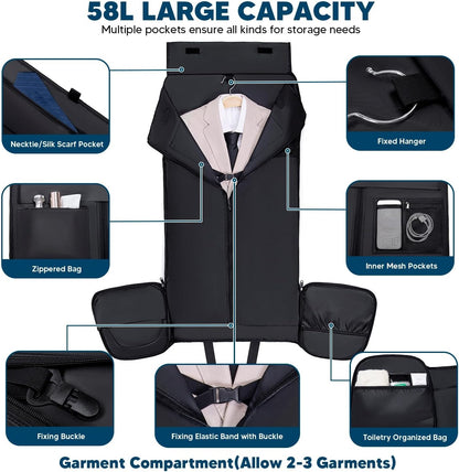 Garment Bags for Travel 58L Garment Bags Duffle Bag for Travel Convertible Carry On Garment Duffle Bag 4 in 1 Foldable Suit Bag with Shoes Compartment for Men Women Weekender，Dark Grey