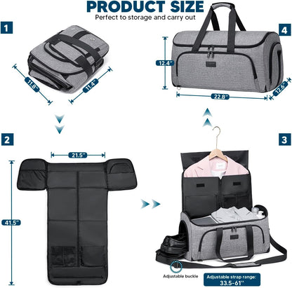 Garment Bags for Travel 58L Garment Bags Duffle Bag for Travel Convertible Carry On Garment Duffle Bag 4 in 1 Foldable Suit Bag with Shoes Compartment for Men Women Weekender，Dark Grey