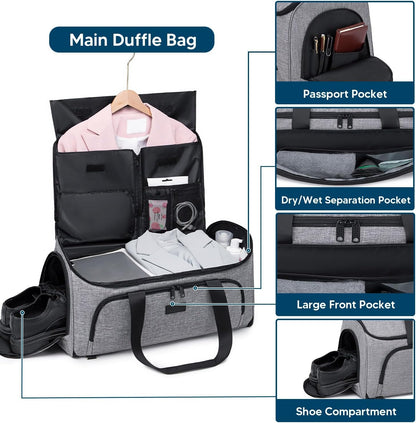 Garment Bags for Travel 58L Garment Bags Duffle Bag for Travel Convertible Carry On Garment Duffle Bag 4 in 1 Foldable Suit Bag with Shoes Compartment for Men Women Weekender，Dark Grey