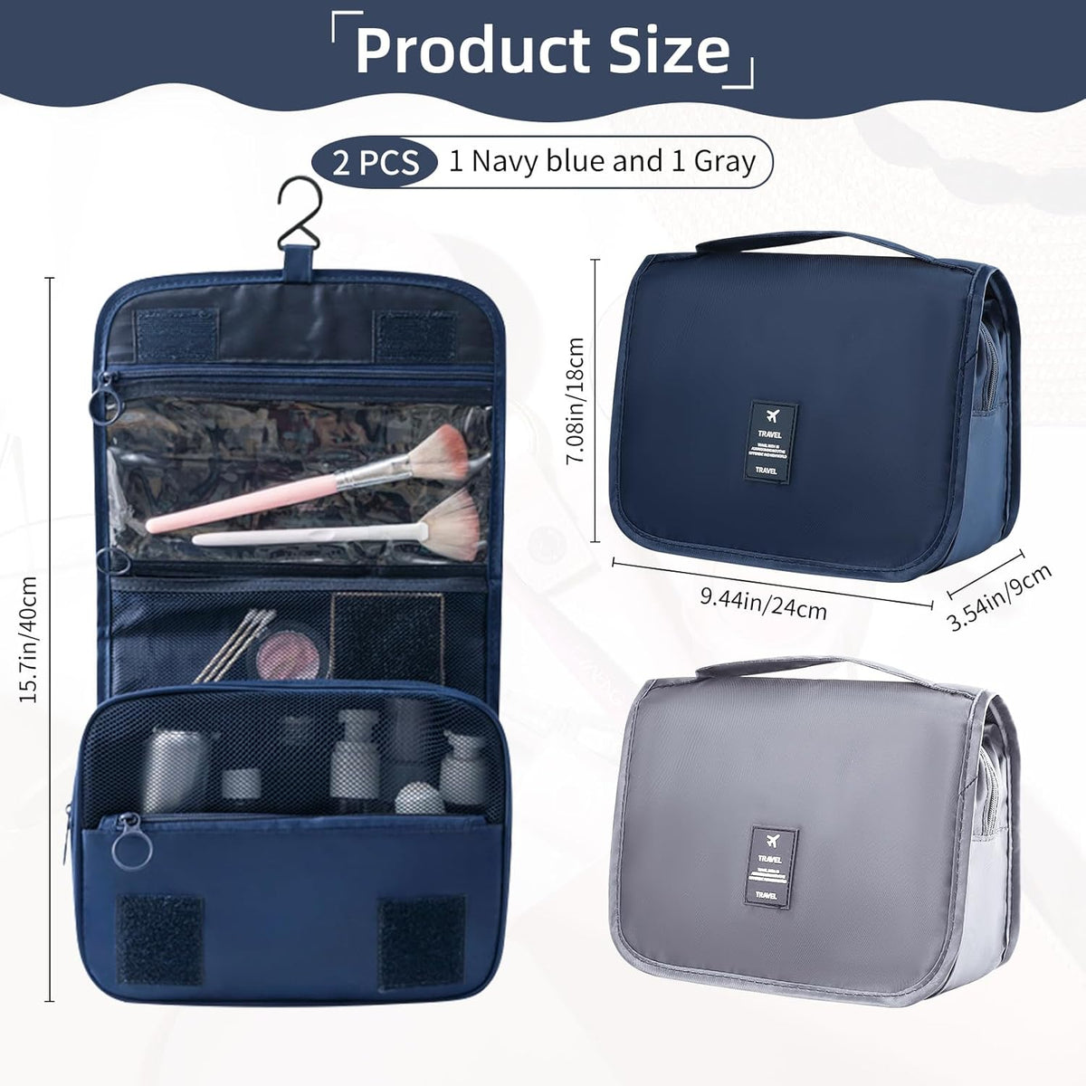 2Pcs Foldable Hanging Travel Toiletry Bag,Waterproof Portable Travel Bags, Multifunction Travel Makeup Cosmetic Bag Organizer with Hanging Hook (Pink Blue)