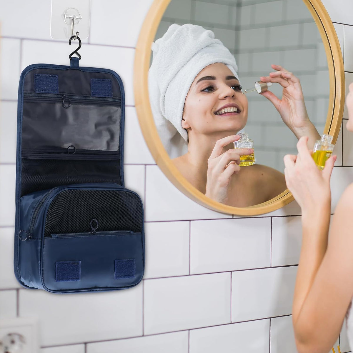 2Pcs Foldable Hanging Travel Toiletry Bag,Waterproof Portable Travel Bags, Multifunction Travel Makeup Cosmetic Bag Organizer with Hanging Hook (Pink Blue)