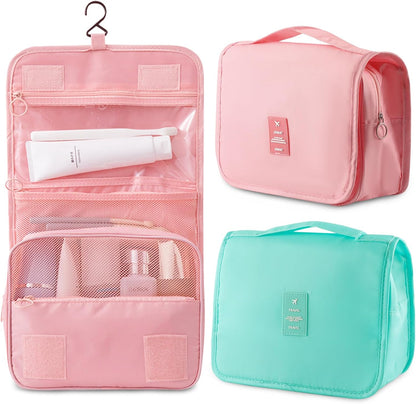 2Pcs Foldable Hanging Travel Toiletry Bag,Waterproof Portable Travel Bags, Multifunction Travel Makeup Cosmetic Bag Organizer with Hanging Hook (Pink Blue)