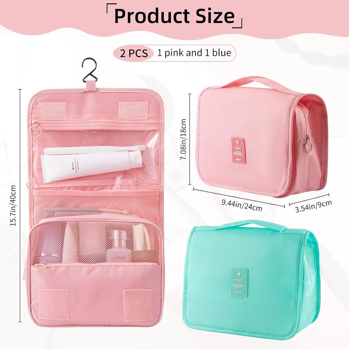 2Pcs Foldable Hanging Travel Toiletry Bag,Waterproof Portable Travel Bags, Multifunction Travel Makeup Cosmetic Bag Organizer with Hanging Hook (Pink Blue)