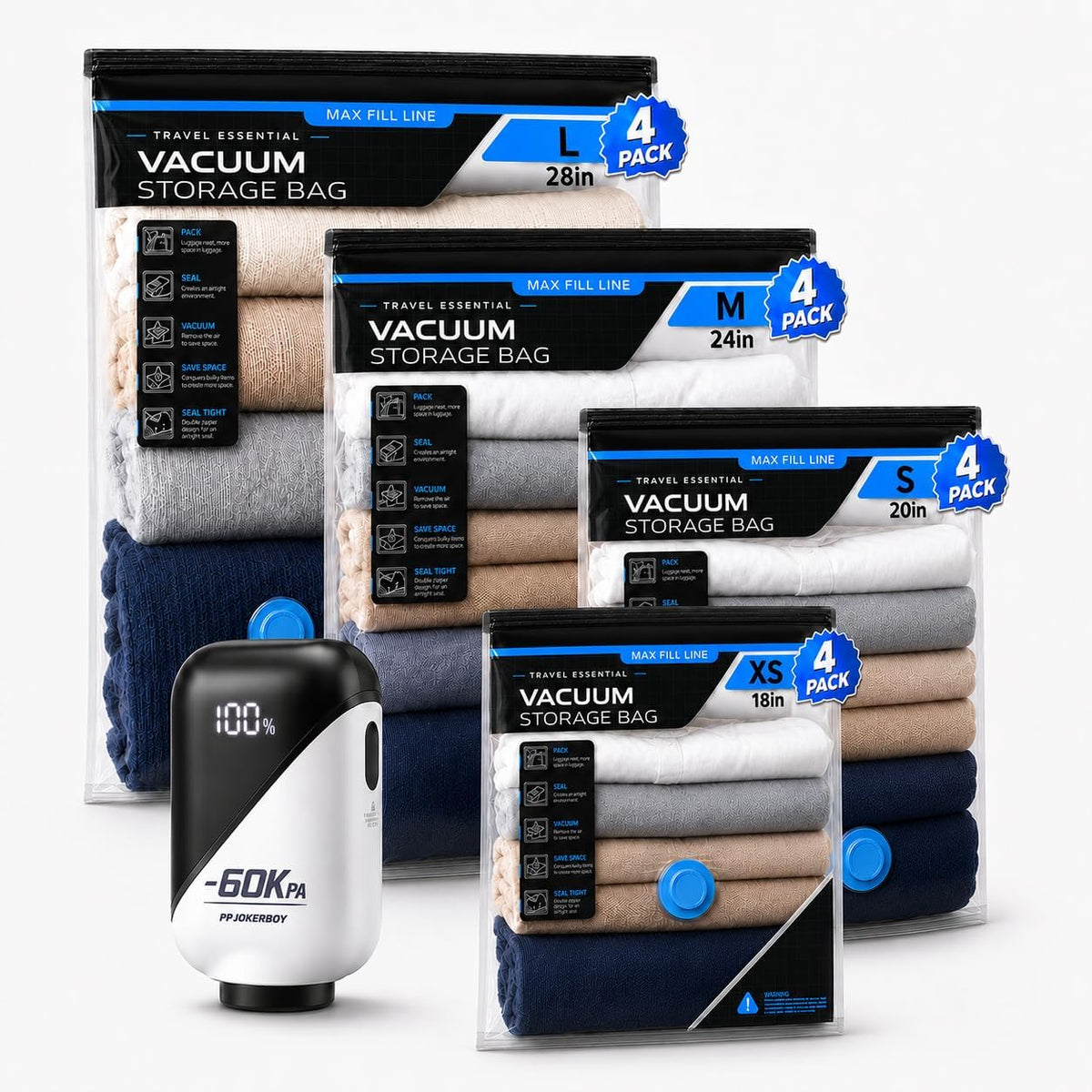 Vacuum Storage Bags for Travel - 60KPA Rechargeable Electric Pump, 16 Pack Vacuum Seal Bags for Clothing, Space Saver Compression Bags for Luggage, Suitcase & Home Storage