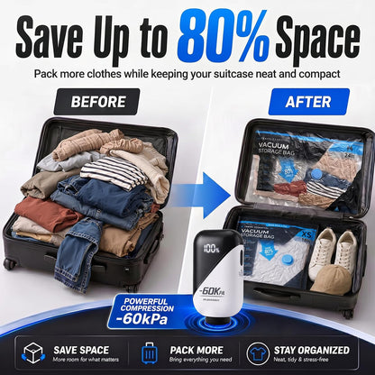 Vacuum Storage Bags for Travel - 60KPA Rechargeable Electric Pump, 16 Pack Vacuum Seal Bags for Clothing, Space Saver Compression Bags for Luggage, Suitcase & Home Storage