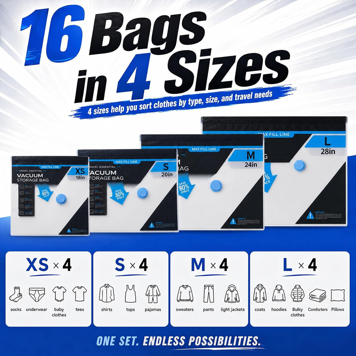 Vacuum Storage Bags for Travel - 60KPA Rechargeable Electric Pump, 16 Pack Vacuum Seal Bags for Clothing, Space Saver Compression Bags for Luggage, Suitcase & Home Storage