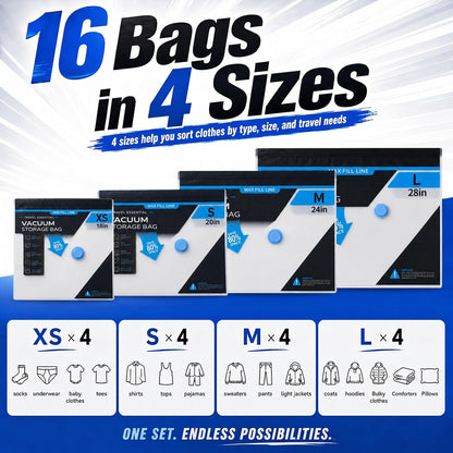 Vacuum Storage Bags for Travel - 60KPA Rechargeable Electric Pump, 16 Pack Vacuum Seal Bags for Clothing, Space Saver Compression Bags for Luggage, Suitcase & Home Storage