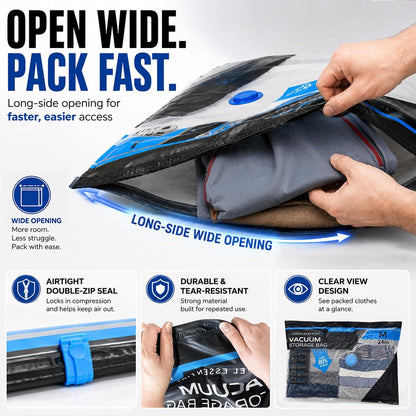Vacuum Storage Bags for Travel - 60KPA Rechargeable Electric Pump, 16 Pack Vacuum Seal Bags for Clothing, Space Saver Compression Bags for Luggage, Suitcase & Home Storage